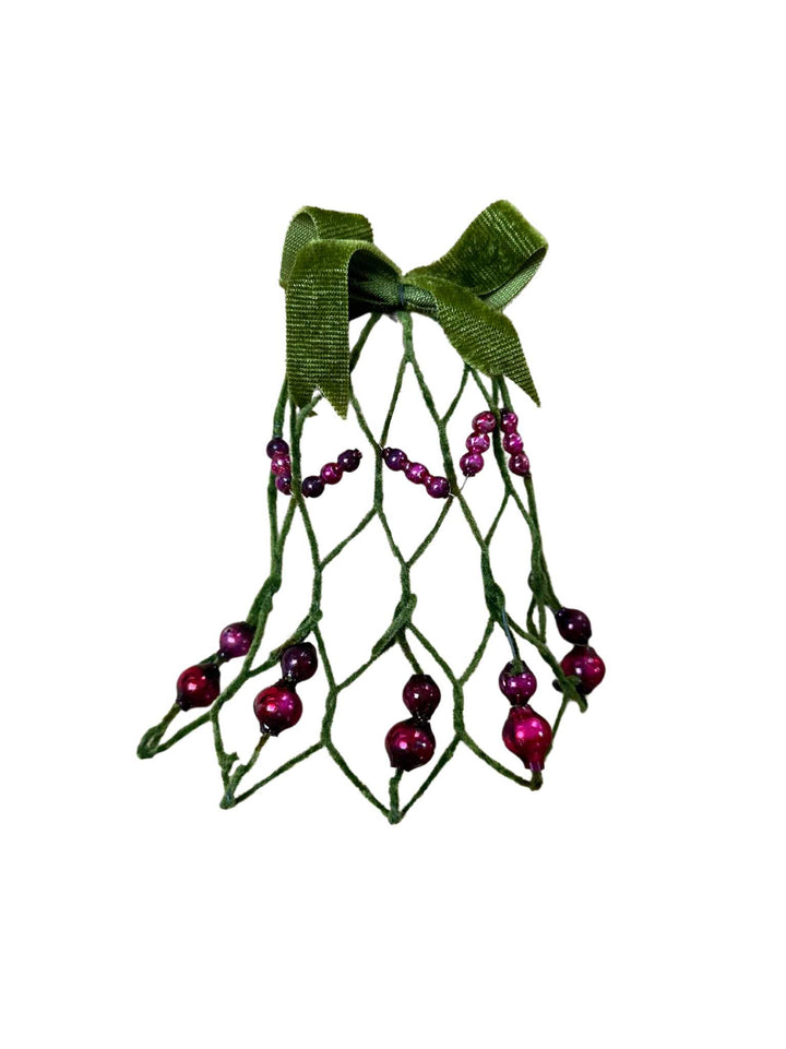 Vintage Wire Bell with Purple Beads and Green Velvet Bow